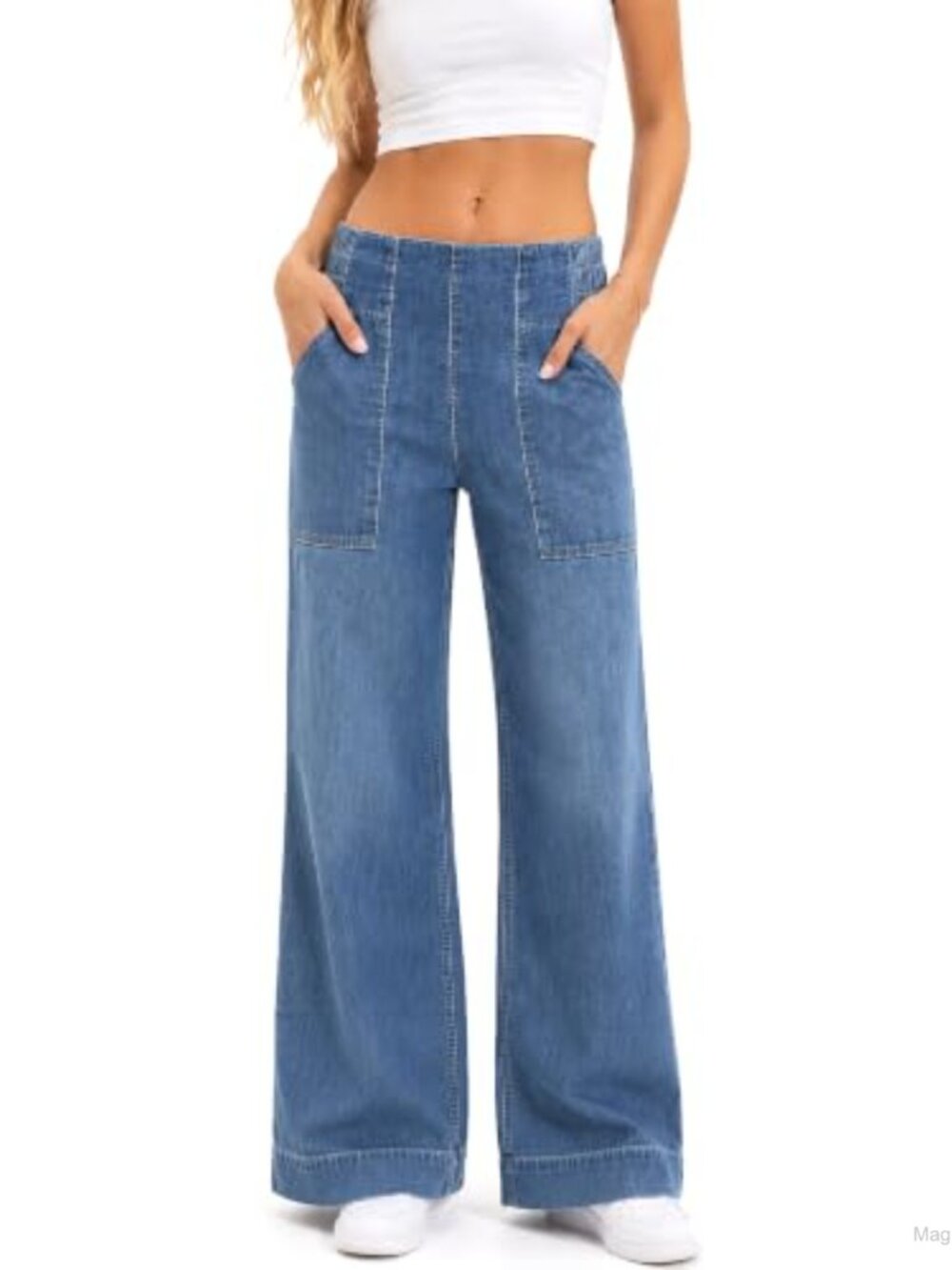 Women's High Rise Wide Leg Pull-On Denim Pants Patch Pockets